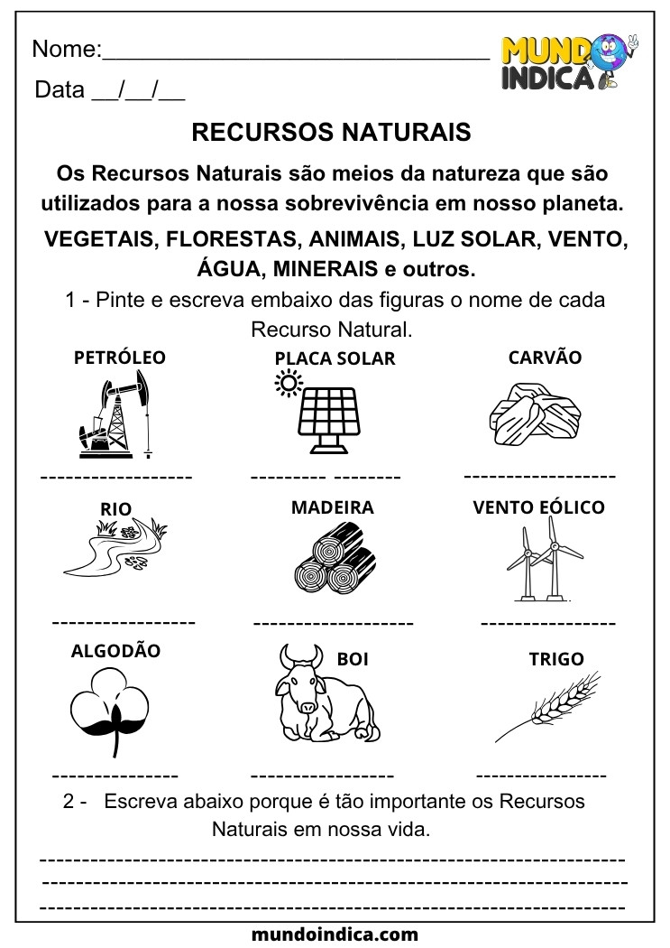 Atividade de Geografia para os Anos Iniciais sobre Recursos Naturais, com imagens para colorir, escrever e refletir sobre a importância deles no dia a dia