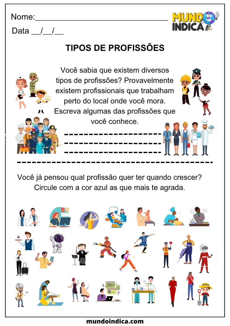 Atividade de Geografia Anos Iniciais sobre Tipos de Profissões, com Imagens para Reconhecer Diferentes Ocupações, Registrar e Escolher as Preferidas de Forma Lúdica