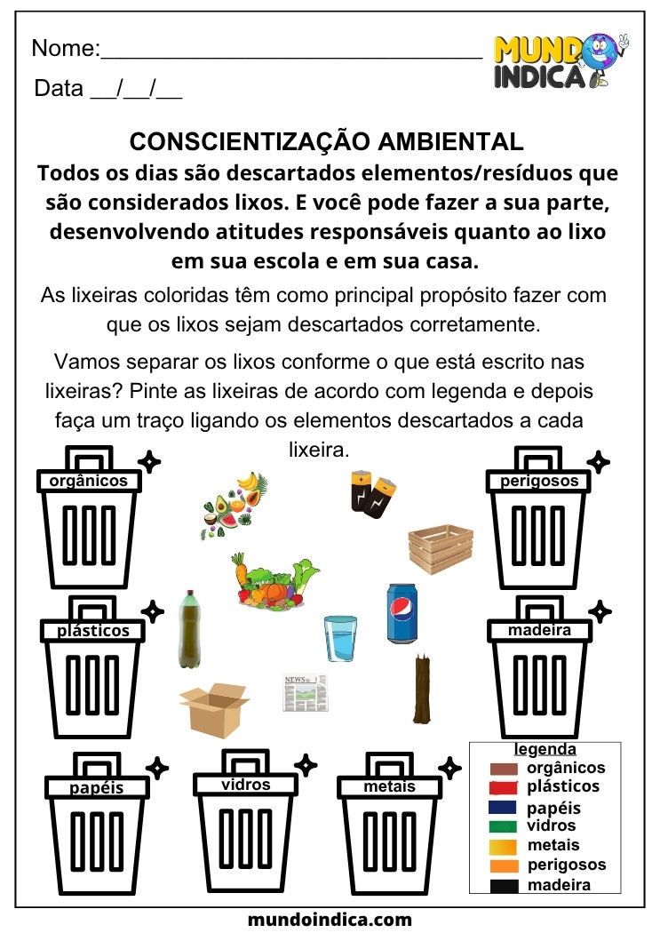 Atividade de Geografia para os Anos Iniciais sobre Conscientização Ambiental, com Figuras para Colorir, Identificar e Relacionar os Tipos de Lixo com as Lixeiras Corretas