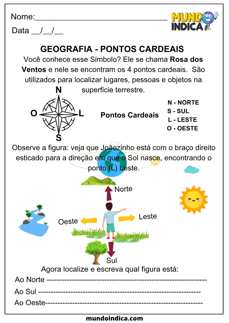 Atividade de Geografia para os Anos Iniciais sobre Pontos Cardeais, com a Rosa dos Ventos e Exercícios para Localizar e Nomear as Direções no Espaço