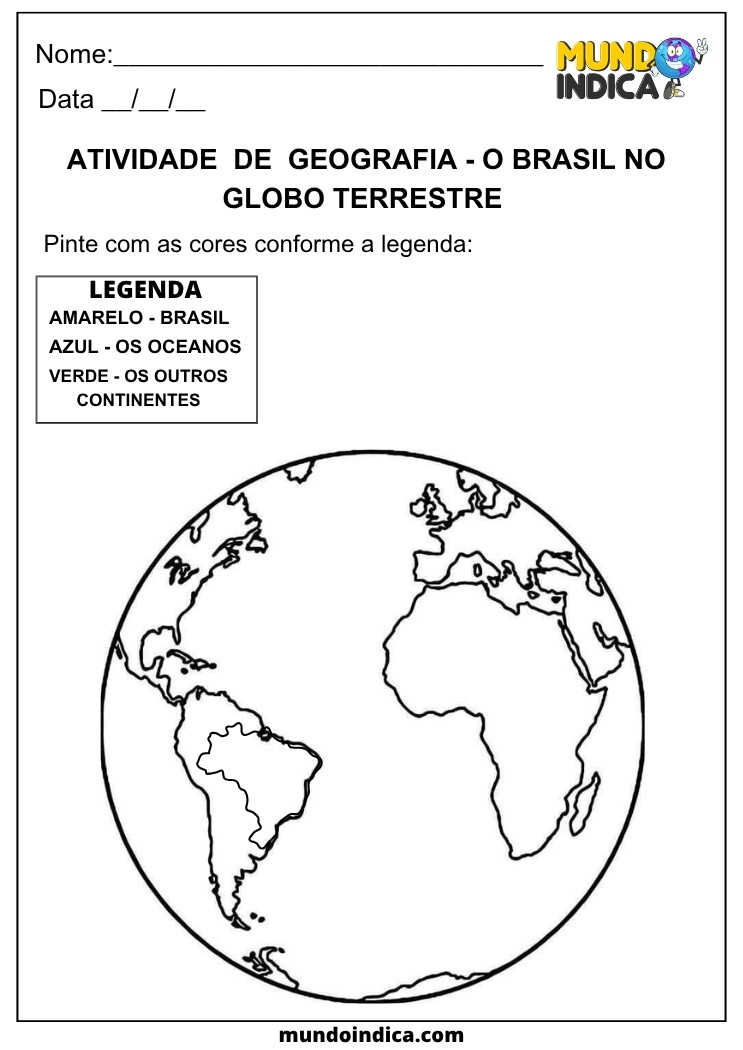 Atividade de Geografia para os Anos Iniciais sobre o Brasil no Globo Terrestre, com mapa para colorir conforme a legenda