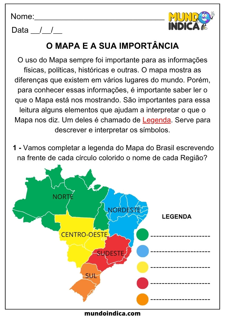 Atividade de Geografia para os Anos Iniciais sobre o Mapa do Brasil e suas Regiões, com ilustração colorida e espaço para preencher a legenda