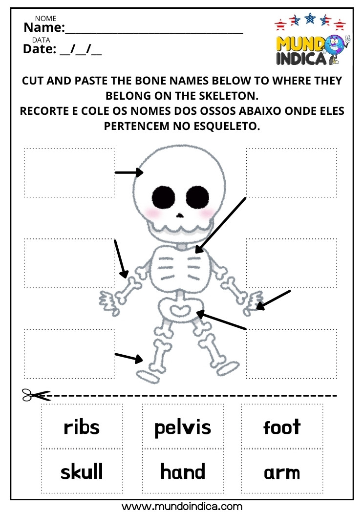 Atividade de Halloween em Inglês com Recorte e Colagem dos Ossos do Esqueleto para Imprimir
