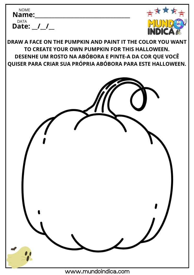 Atividade de Halloween em Inglês​ com Desenho e Pintura da Abóbora para Imprimir