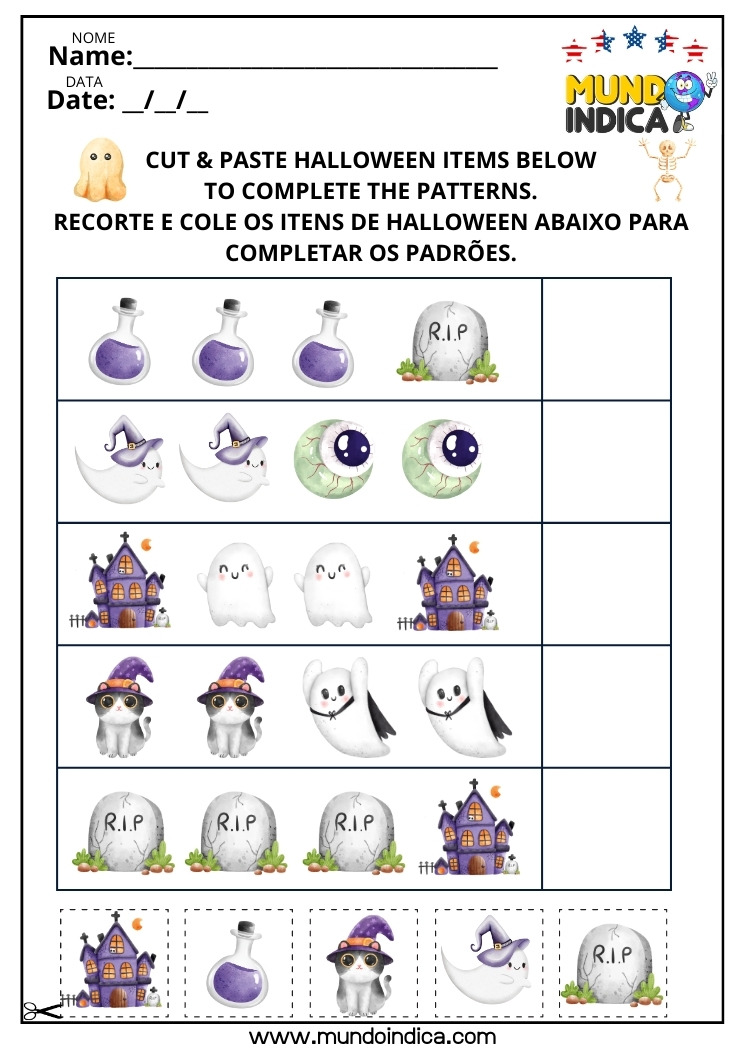 Atividade de Halloween em Inglês​ com Recorte e Colagem das Figuras para Completar os Padrões para Imprimir