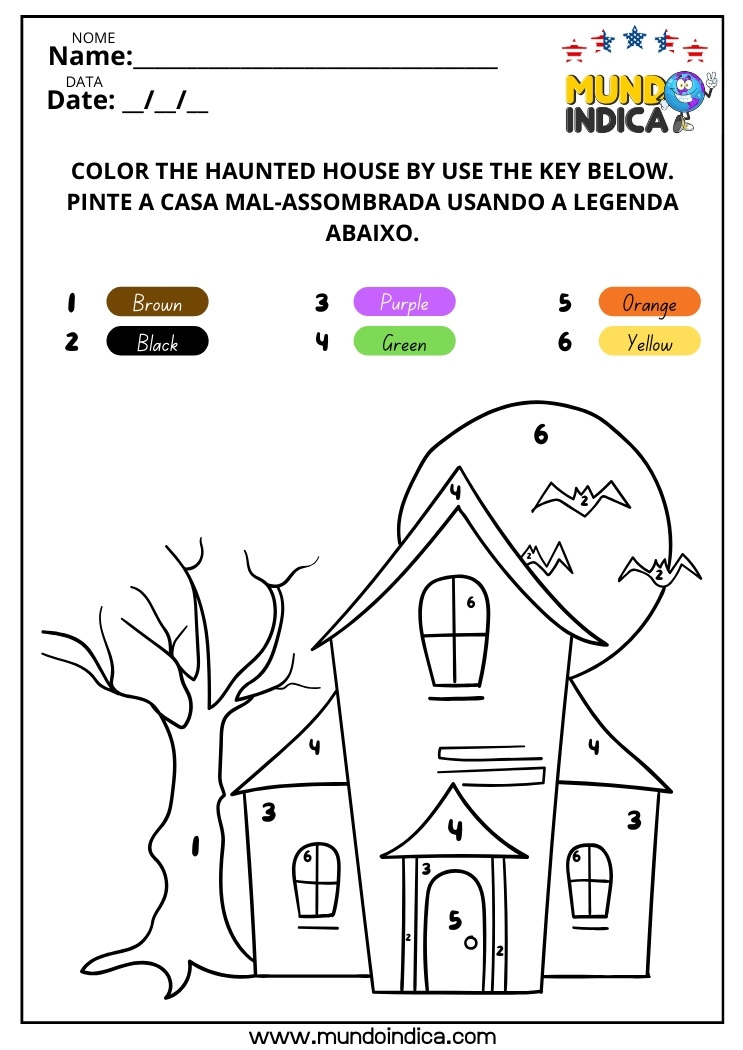 Atividade de Halloween em Inglês​ para Colorir a Casa Conforme a Legenda de Cores para Imprimir