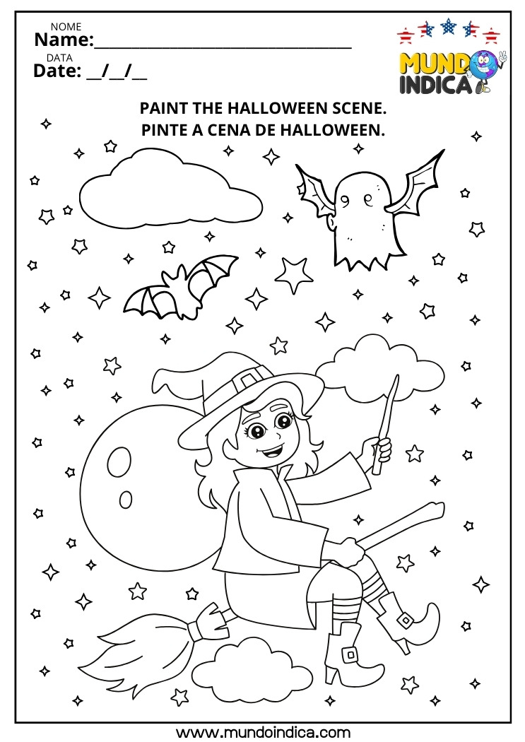 Atividade de Halloween em Inglês​ para Pintar a Cena para Imprimir