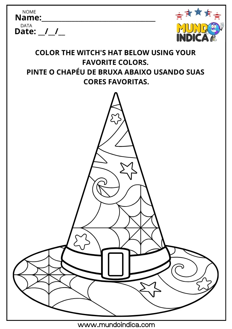 Atividade de Halloween em Inglês​ para Pintar o Chapéu da Bruxinha para Imprimir