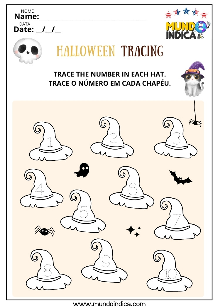 Atividade de Halloween para Traçar os Números de Cada Chapéu para Imprimir