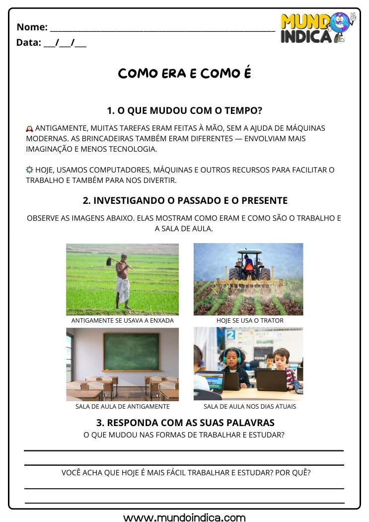 Atividade de História Anos Iniciais Mudanças com o Tempo, Passado e Presente para Imprimir