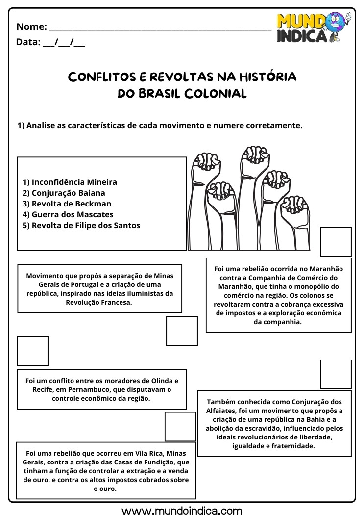 Atividade de História Anos Iniciais sobre Conflitos e Revoltas na História do Brasil Colonial para Imprimir