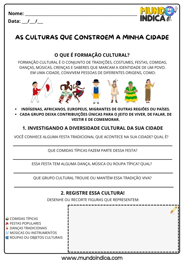 Atividade de História Anos Iniciais sobre Diversidade Cultural para Imprimir