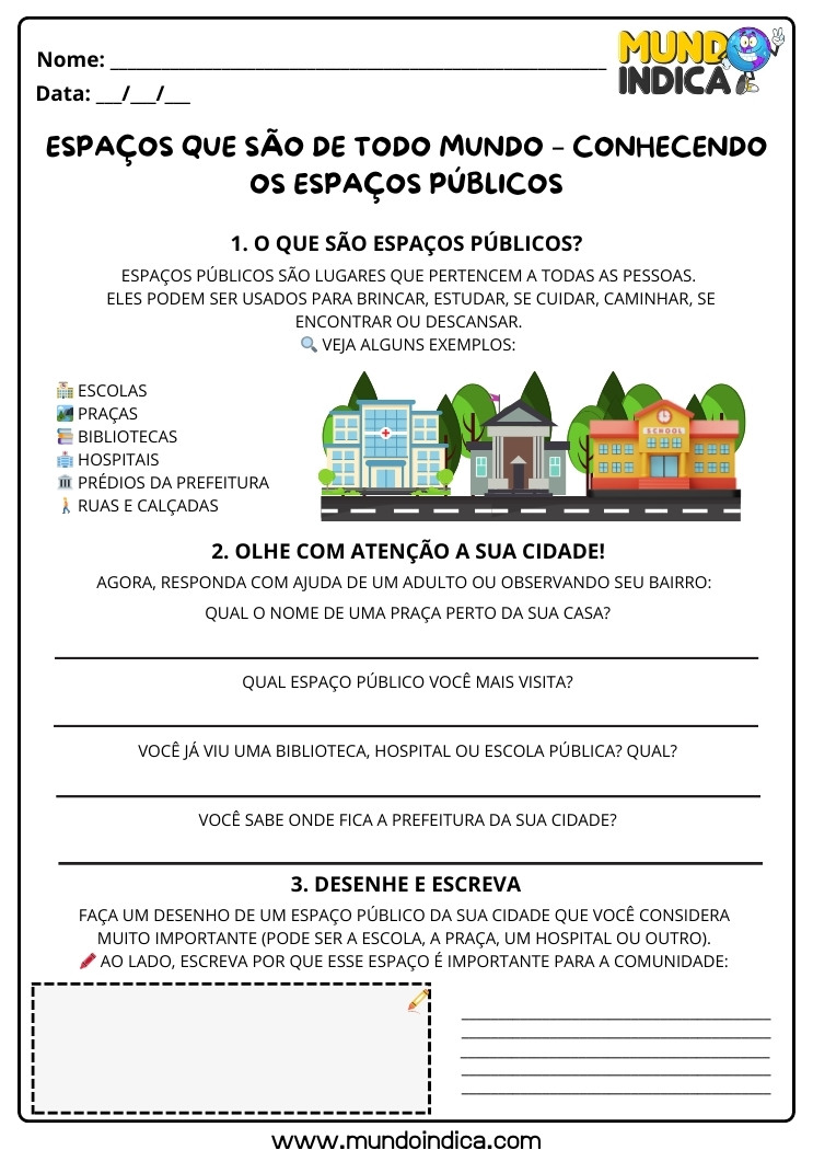 Atividade de História Anos Iniciais sobre Espaços Públicos para Imprimir