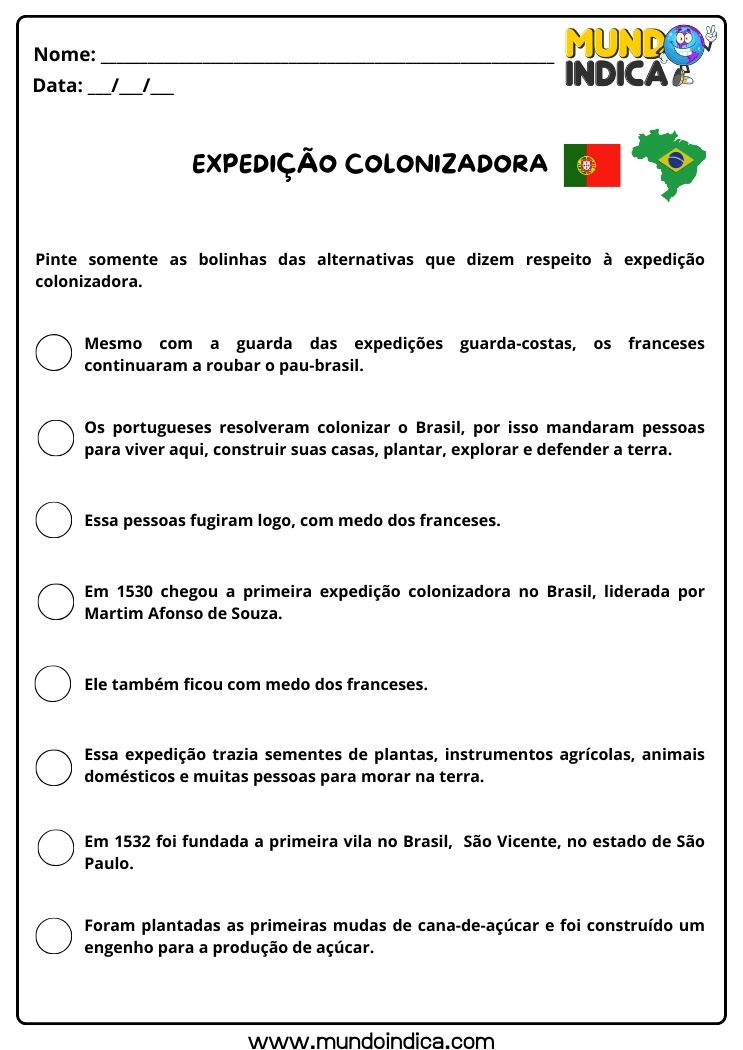 Atividade de História Anos Iniciais sobre Expedição Colonizadora para Imprimir