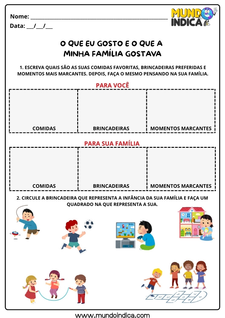 Atividade de História Anos Iniciais sobre Gostos Pessoais e Familiares Relacionados à Comida, Brincadeiras e Momentos Marcantes para Imprimir