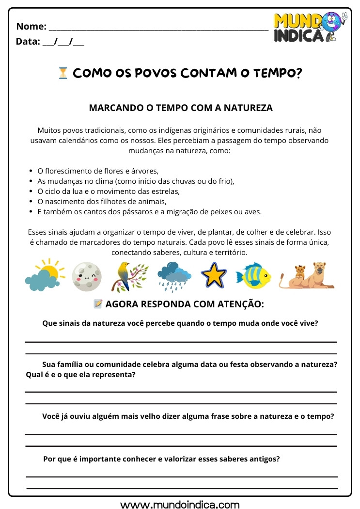 Atividade de História Anos Iniciais sobre Marcação de Tempo com a Natureza pelos Povos Antigos para Imprimir