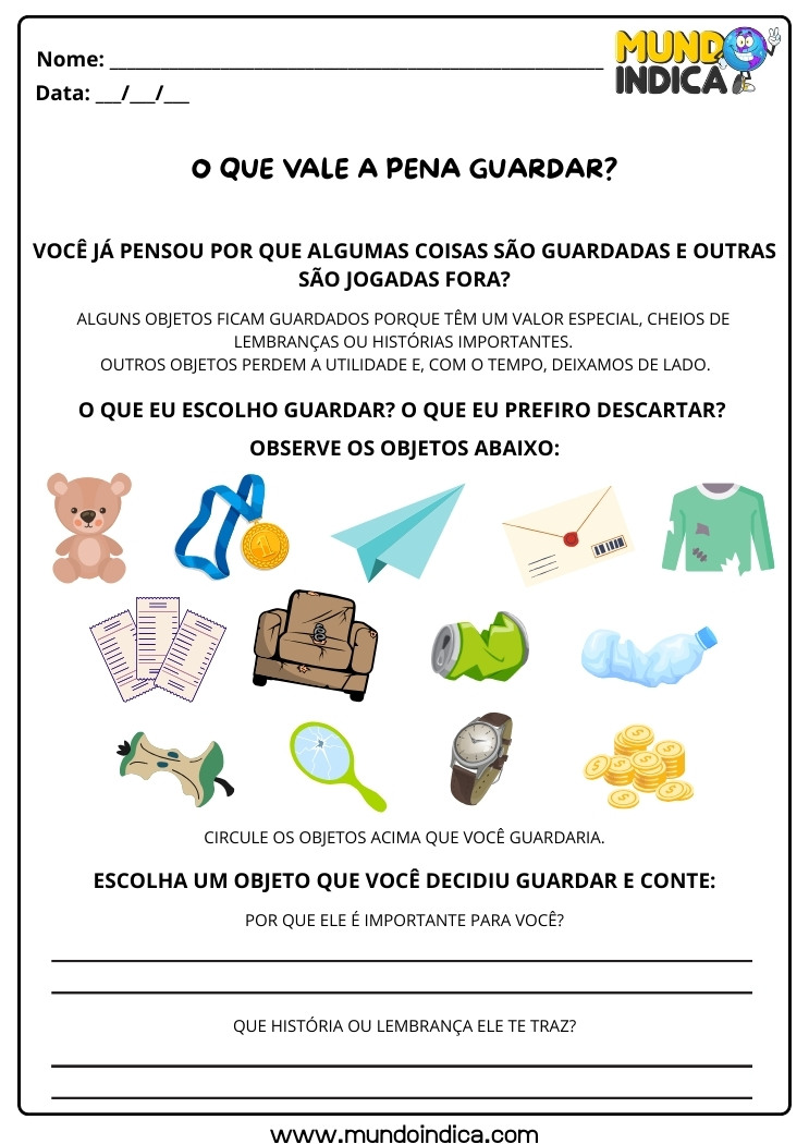 Atividade de História Anos Iniciais sobre Objetos Importantes para Imprimir