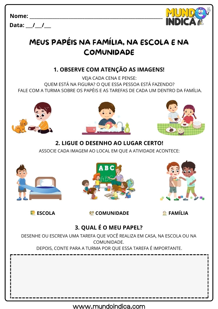 Atividade de História Anos Iniciais sobre Papéis na Família, Escola e Comunidade para Imprimir