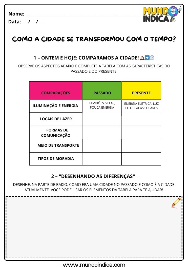 Atividade de História Anos Iniciais sobre Passado e Presente com Comparação dos Serviços da Cidade para Imprimir