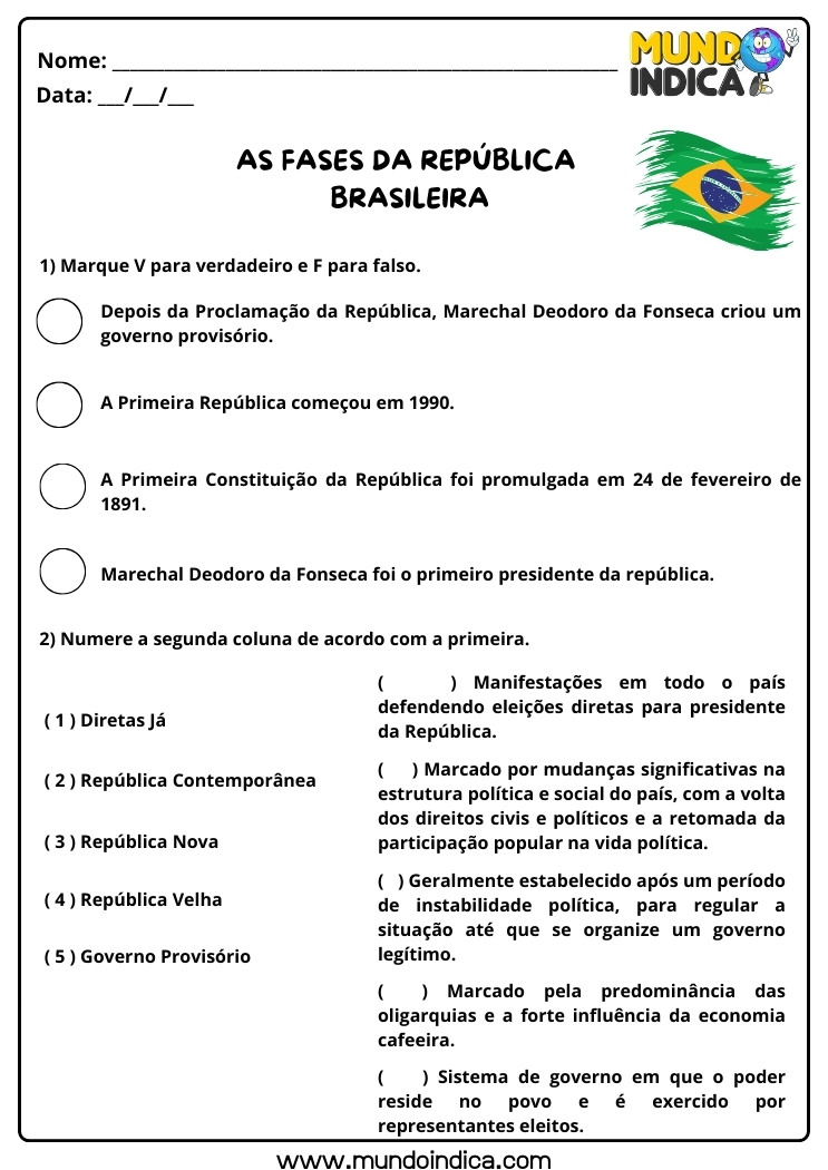Atividade de História Anos Iniciais sobre as Fases da República Brasileira para Imprimir