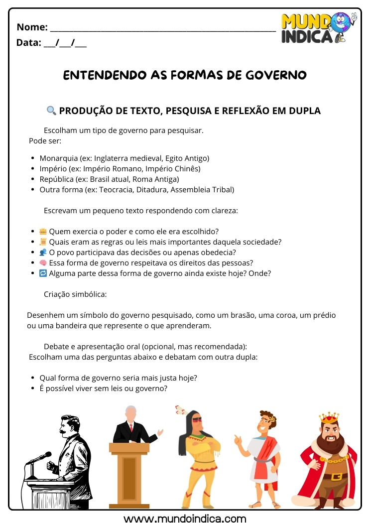 Atividade de História Anos Iniciais sobre as Formas de Governo para Imprimir