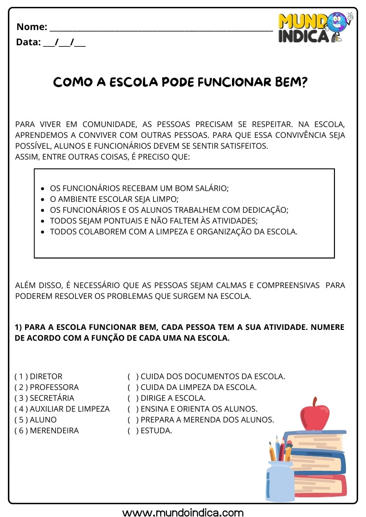 Atividade de História Anos Iniciais sobre as Funções de cada Pessoa na Escola para Imprimir