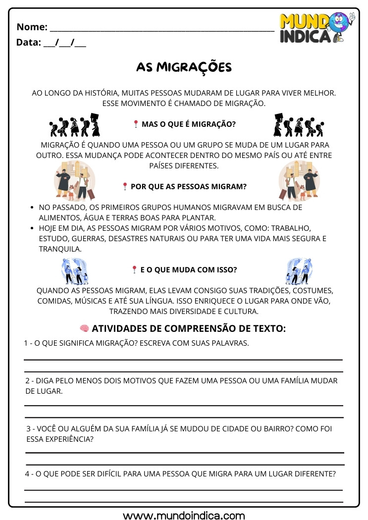 Atividade de História Anos Iniciais sobre as Migrações para Imprimir