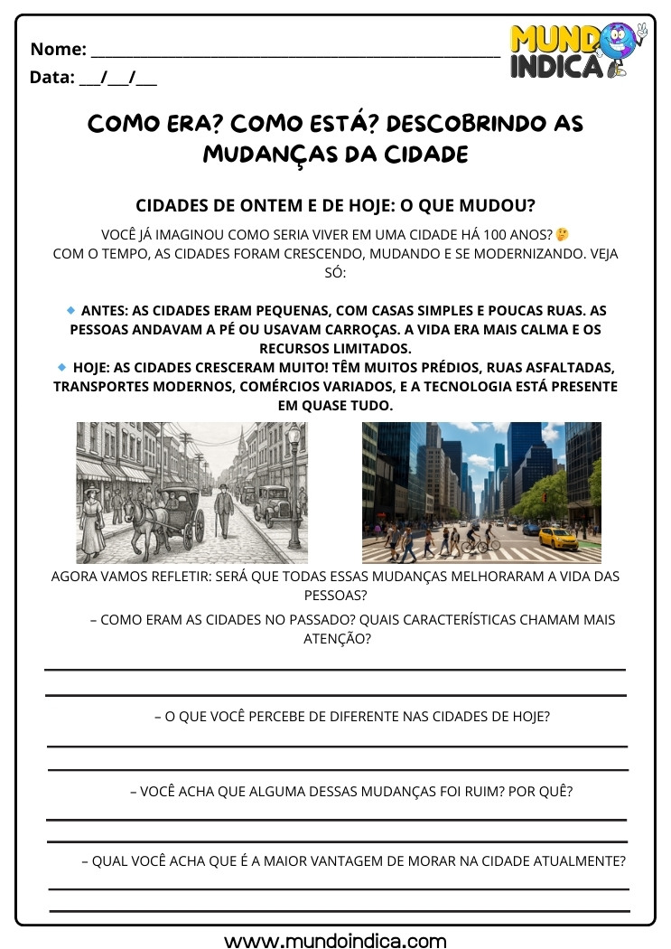 Atividade de História Anos Iniciais sobre as Mudanças da Cidade para Imprimir