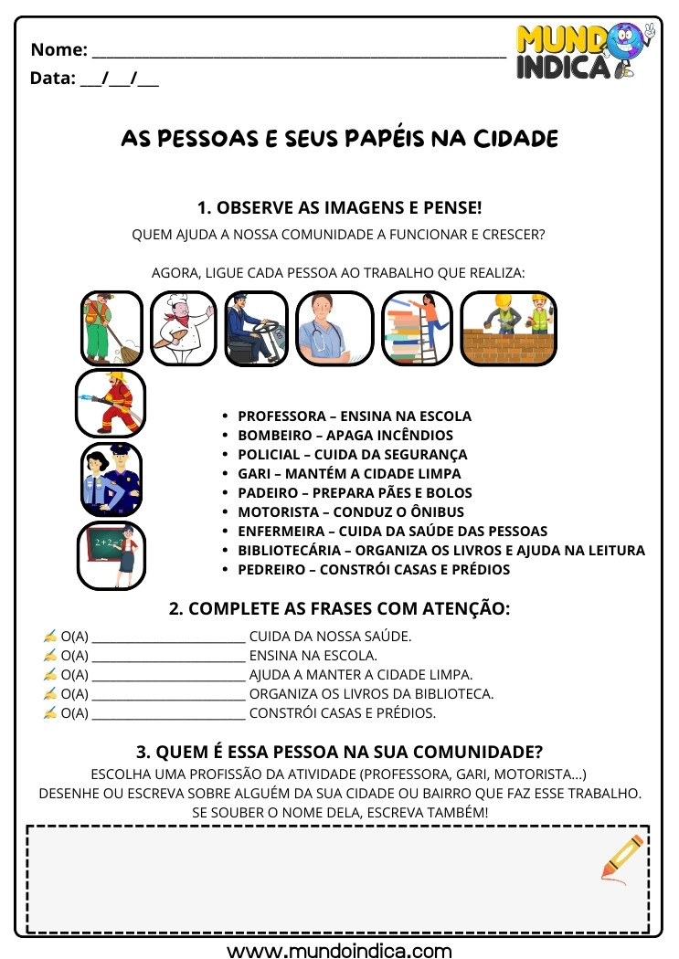 Atividade de História Anos Iniciais sobre as Pessoas e seus Papéis na Cidade para Imprimir