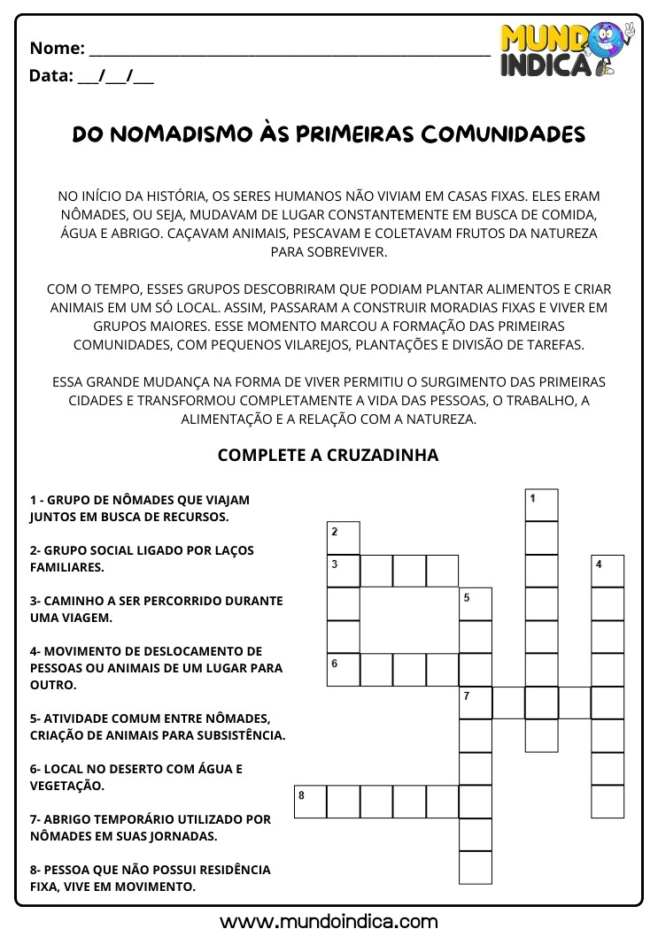 Atividade de História para os Anos Iniciais com Cruzadinha sobre o Nomadismo e as Primeiras Comunidades para Imprimir