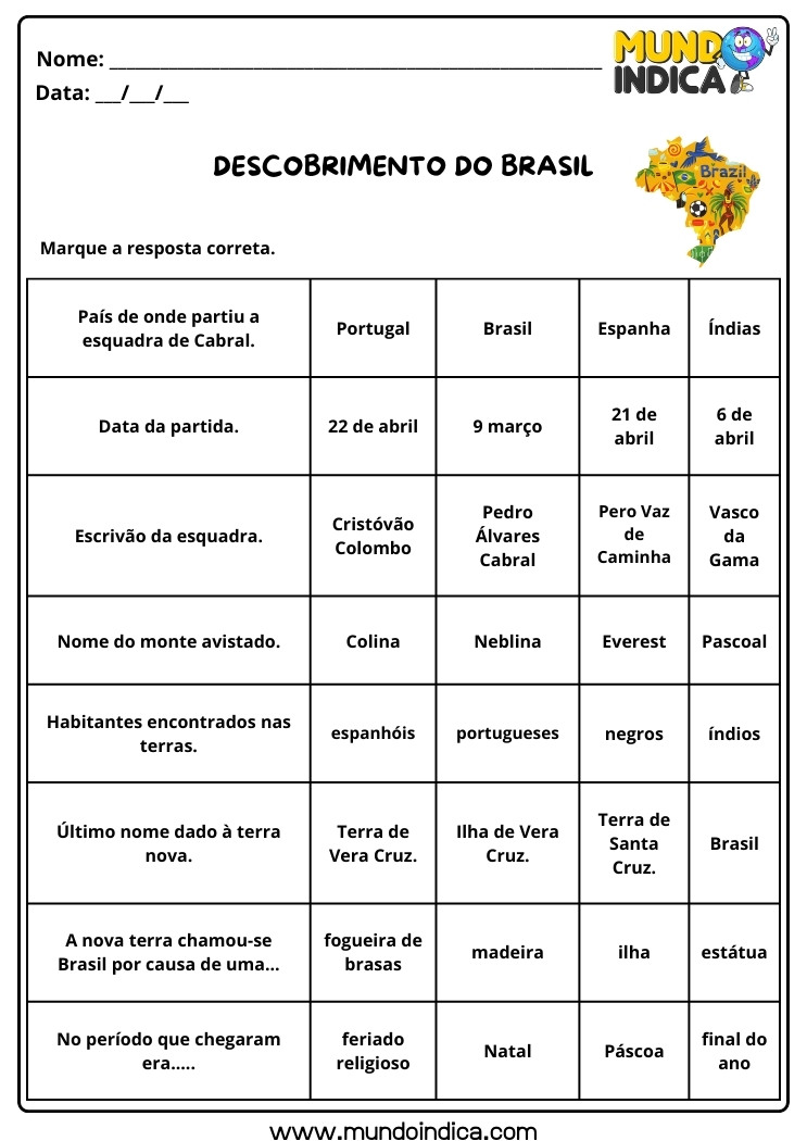 Atividade de História para os Anos Iniciais sobre o Descobrimento do Brasil para Imprimir