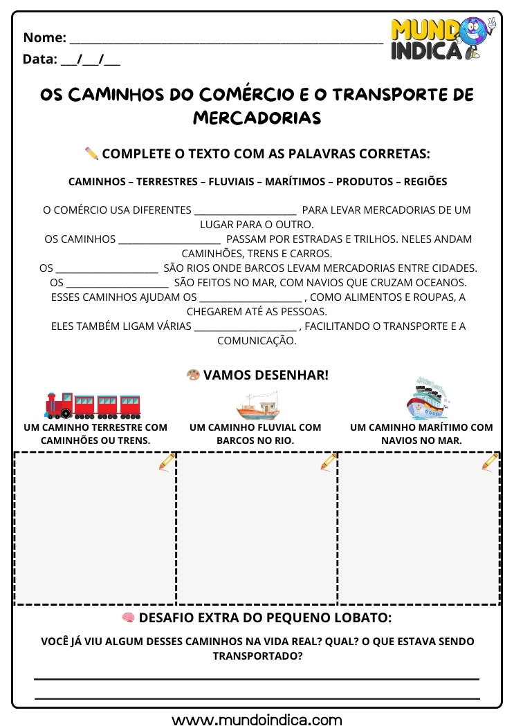 Atividade de História para os Anos Iniciais sobre os Caminhos do Comércio e o Transporte de Mercadorias para Imprimir