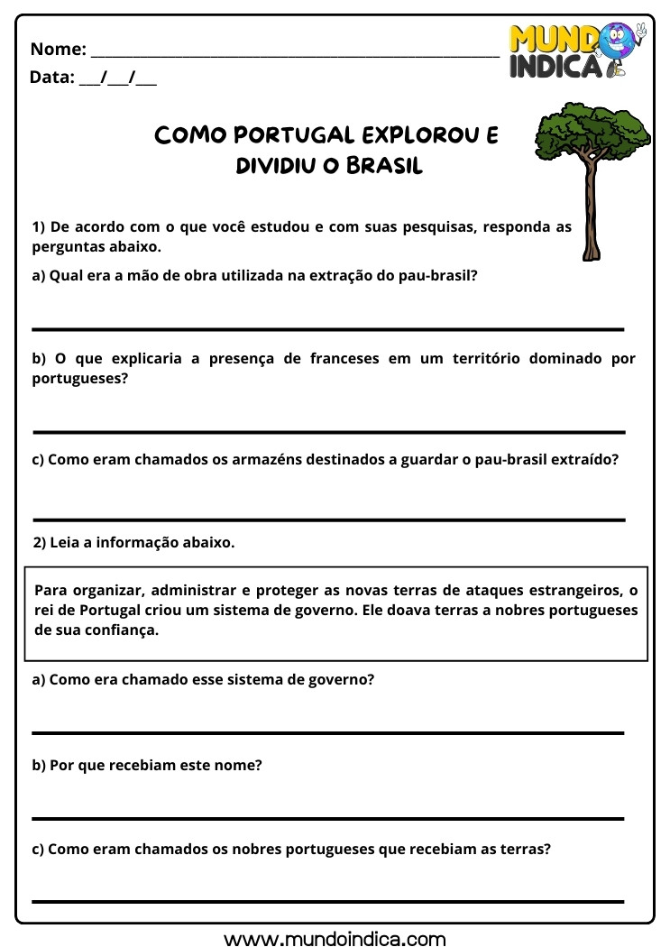 Atividade de História sobre Como Portugal Explorou e Dividiu o Brasil para os Anos Iniciais para Imprimir