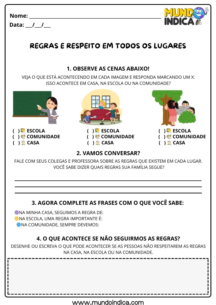 Atividade de História sobre Regras na Escola, Comunidade e Casa para os Anos Iniciais para Imprimir