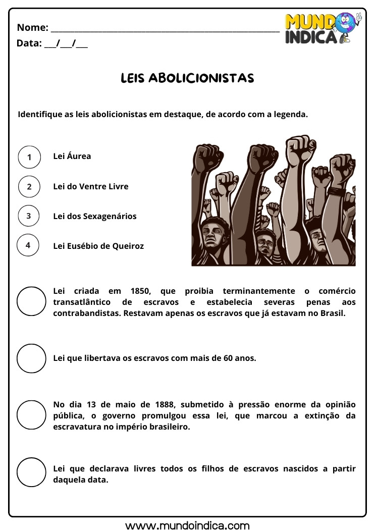Atividade de História sobre as Leis Abolicionistas para os Anos Iniciais para Imprimir
