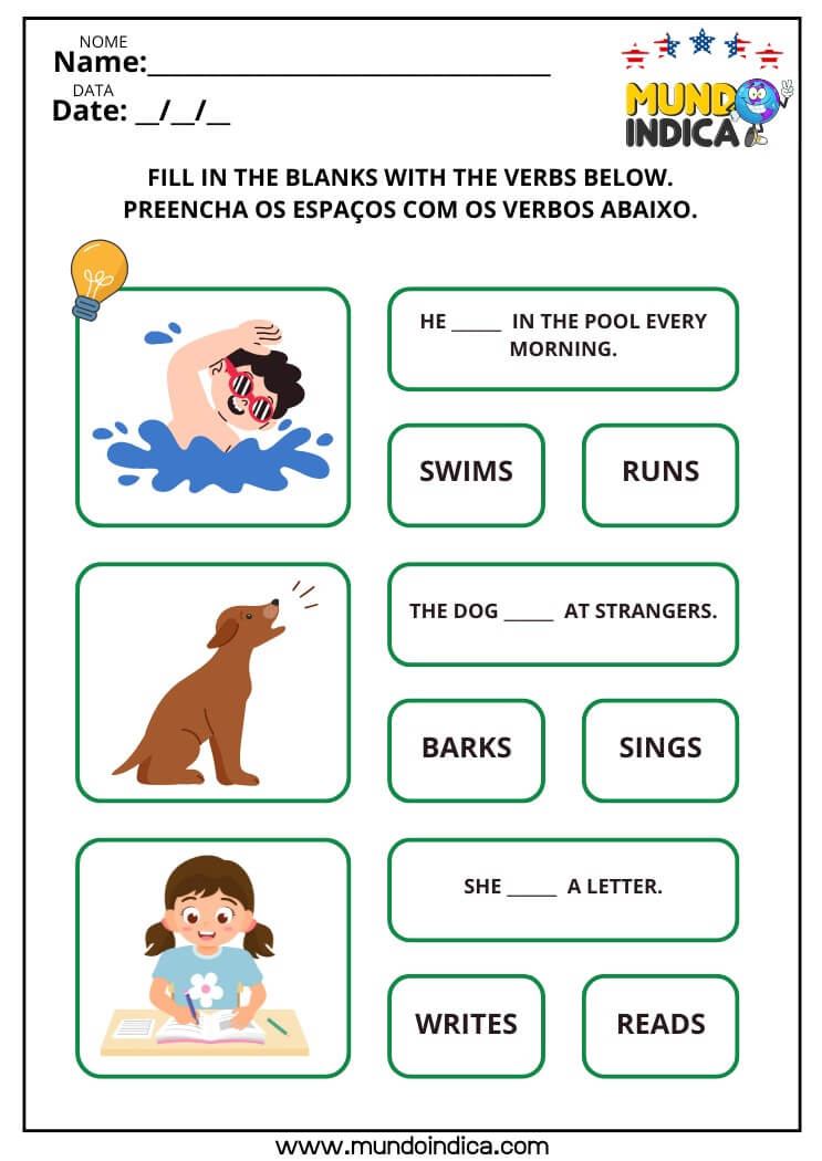 Atividade de inglês com verbos no presente simples para preencher lacunas. Exercício com imagens e verbos como swims, barks e writes para ensino fundamental