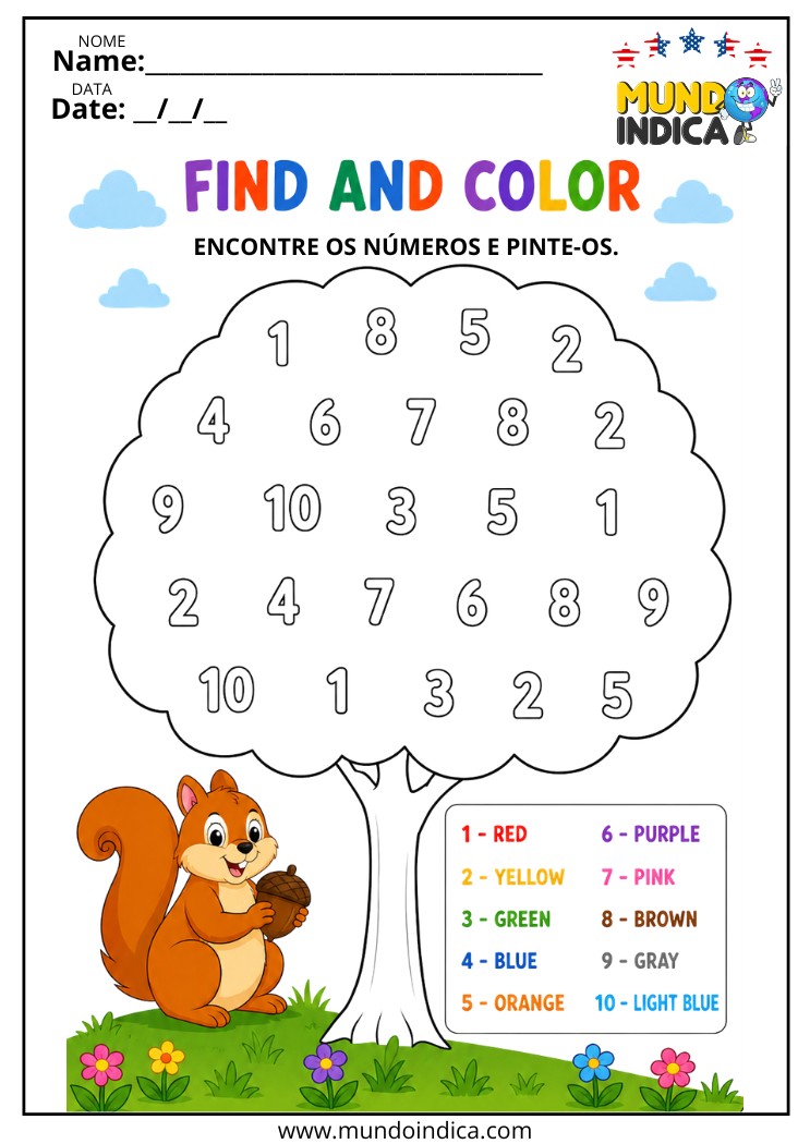 Atividade de Inglês com Números para Colorir