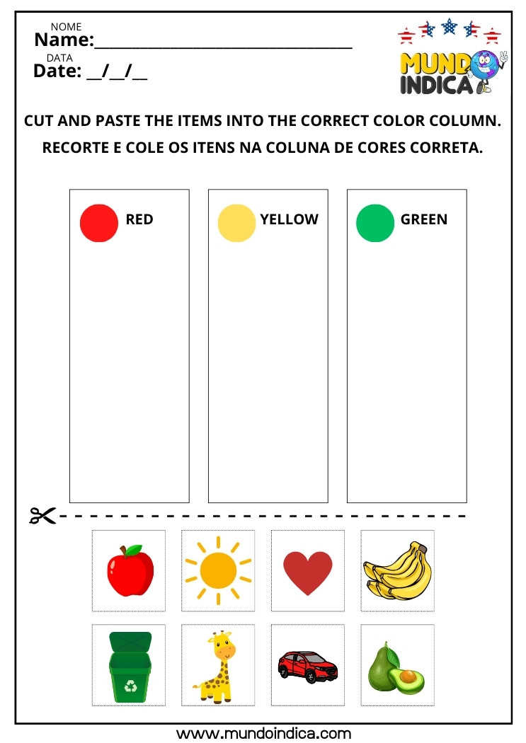 Atividade de Inglês com Recorte e Colagem das Figuras Conforme a Coluna das Cores para Imprimir