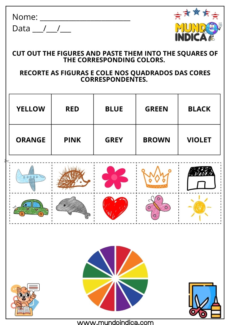 Atividade de Inglês com Recorte e Colagem das Figuras nos Quadrados das Cores Correspondentes para Imprimir