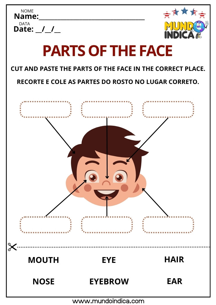 Atividade de Inglês com Recorte e Colagem das Partes do Rosto para Imprimir