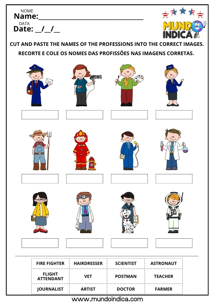 Atividade de Inglês com Recorte e Colagem das Profissões para Imprimir
