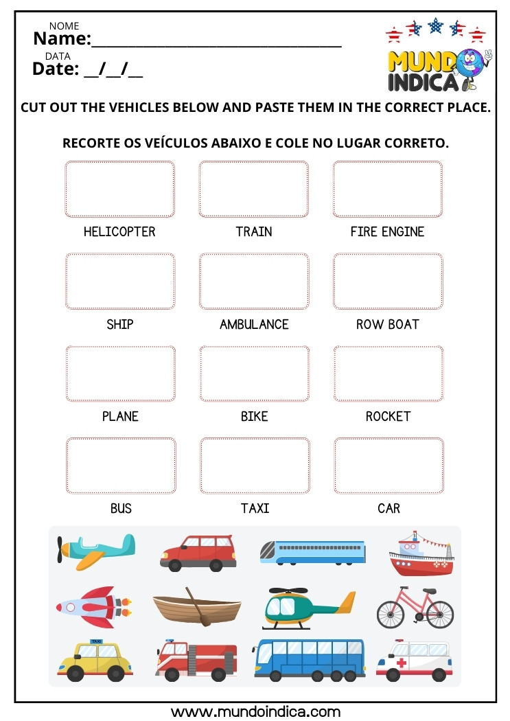 Atividade de Inglês com Recorte e Colagem dos Meios de Transporte para Imprimir