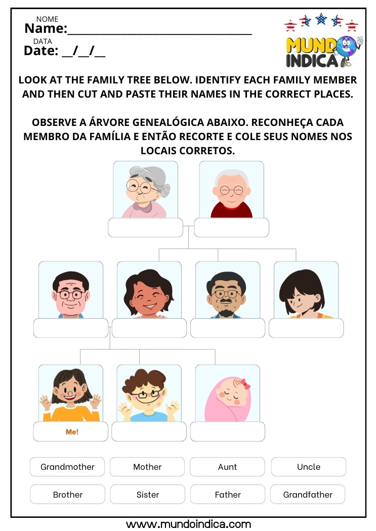Atividade de Inglês com Recorte e Colagem dos Nomes dos Membros da Família na Árvore Genealógica para Imprimir