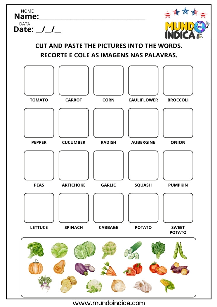 Atividade de Inglês com Recorte e Colagem dos Vegetais para Imprimir