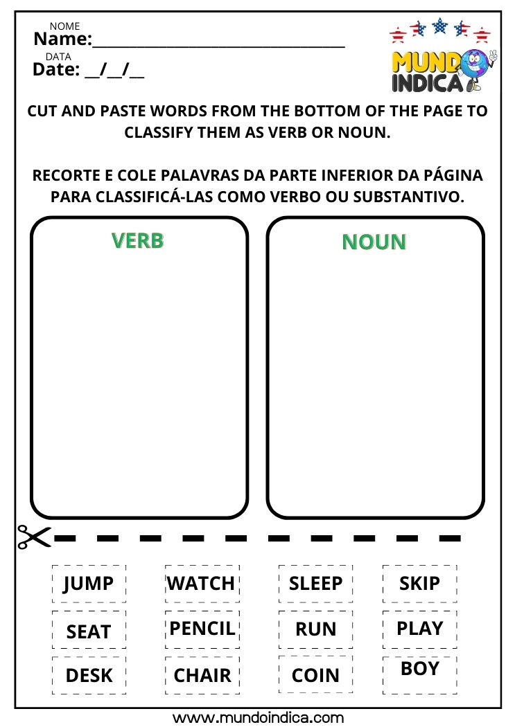 Atividade de Inglês com Recorte e Colagem dos Verbos e Substantivos nas Colunas Corretas para Imprimir
