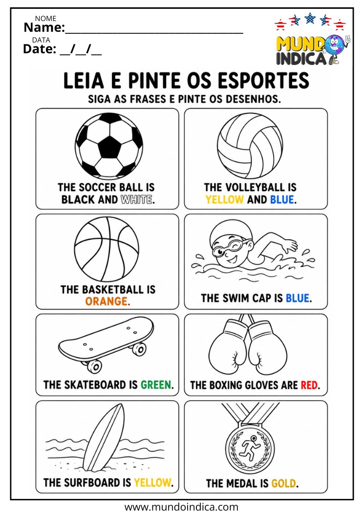 Atividade de Inglês para Colorir sobre Esportes