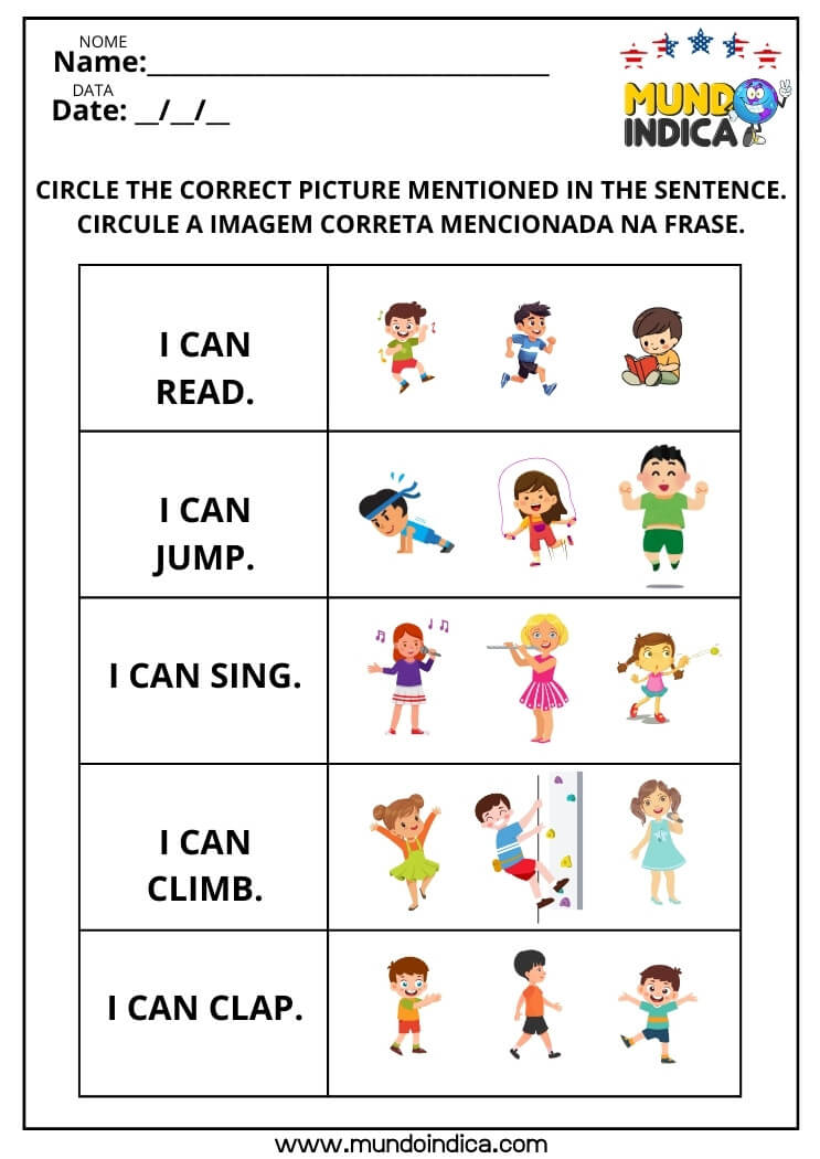 Atividade de Inglês para Crianças com Verbos de Ação Circule a Imagem Correta Mencionada na Frase