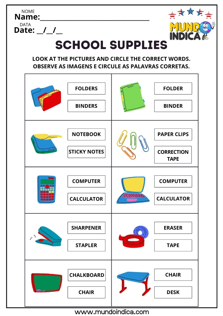 Atividade de Inglês para Crianças para Circular os Nomes dos Materiais Escolares​ Corretos de Acordo com a Imagem