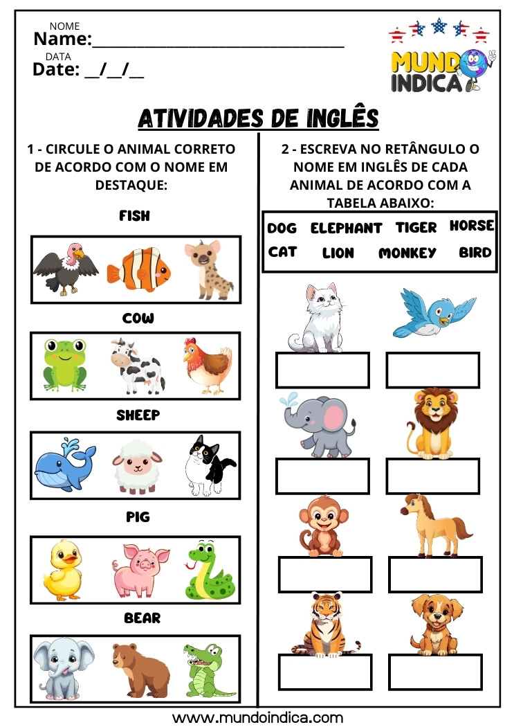 Atividade de Inglês para Crianças​ com Animais