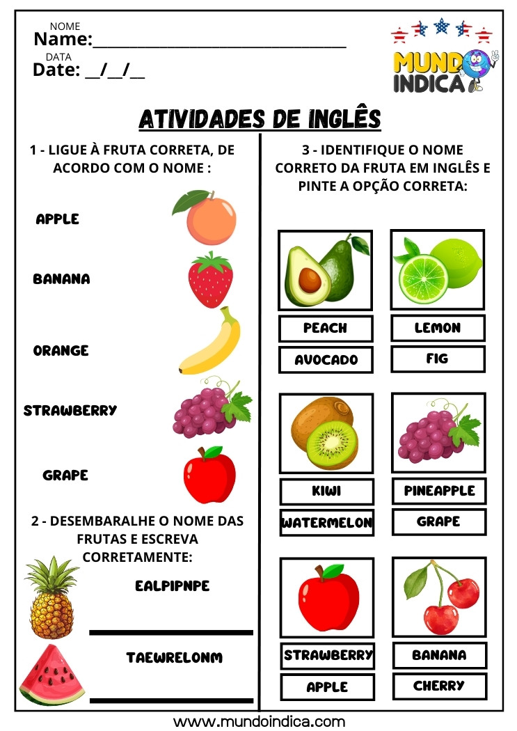 Atividade de Inglês para Crianças​ com Frutas